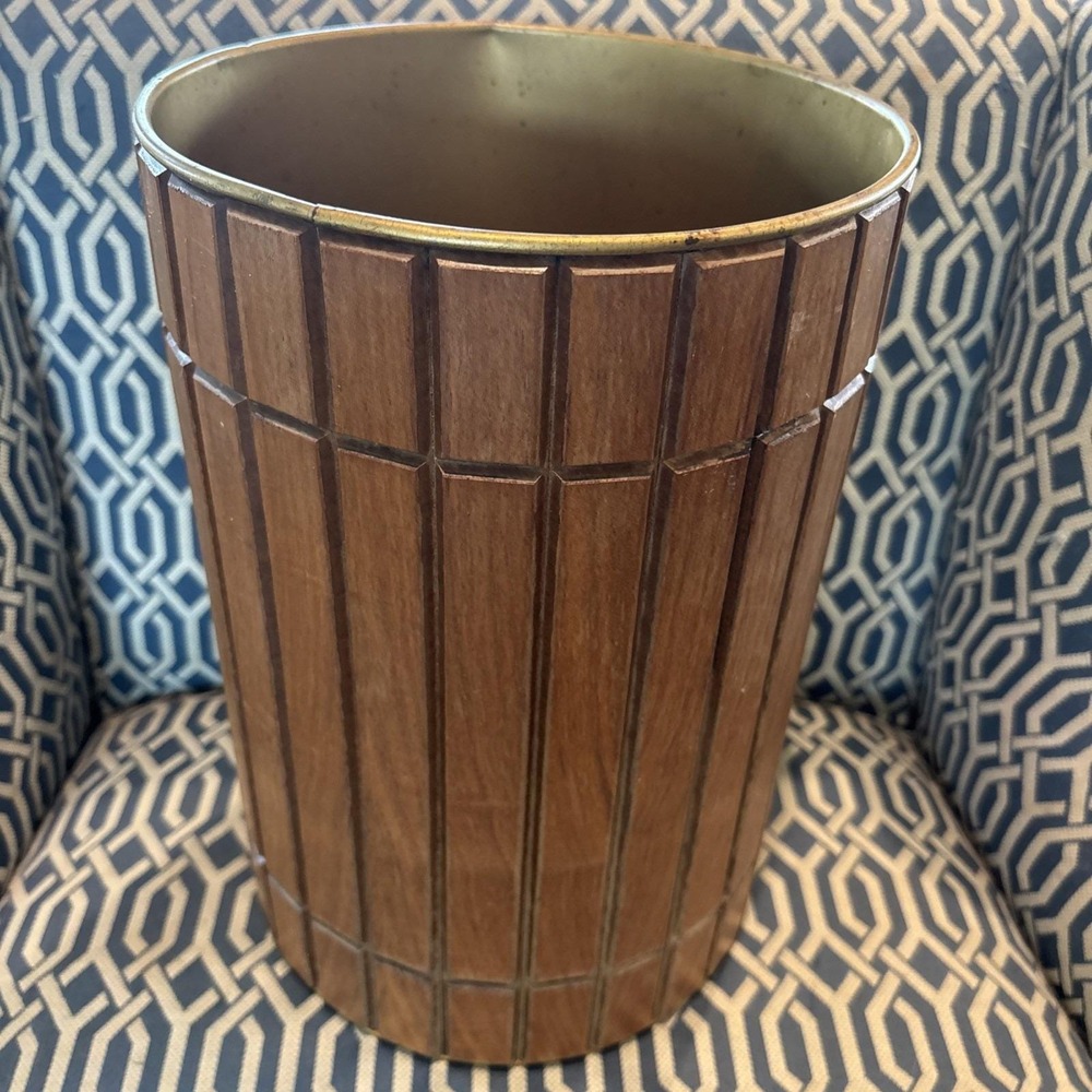 1960s Original Walnut Gruvwood Trash Can Aluminum Wastebasket Midcentury Modern